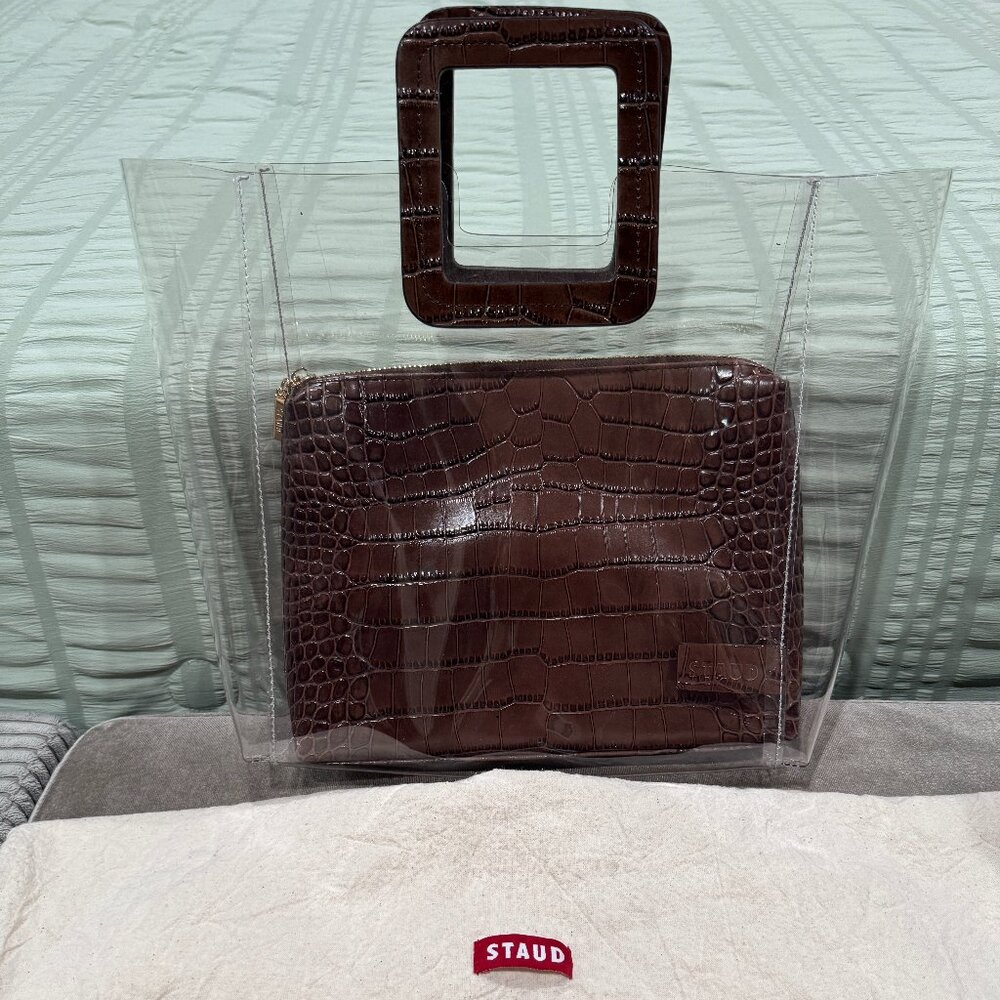 STAUD Shirley Clear PVC Vinyl Embossed Leather Top Handle Tote Handbag, DARK BRN